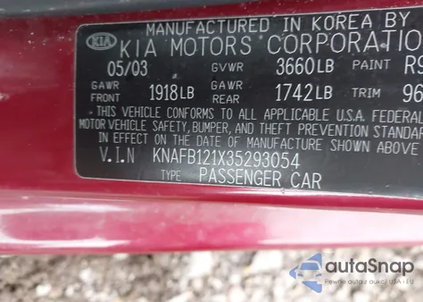 2003 Kia Spectra Ls из США, поврежденный, VIN KNAFB121X35293054